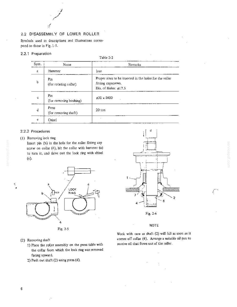 May include: A technical manual page titled 2.2 DISASSEMBLY OF LOWER ROLLER, featuring Table 2-2 listing tools like a hammer, pins, and a 20 ton press. It includes diagrams labeled Fig. 2-5 and Fig. 2-6 showing the removal of a lock ring and shaft.