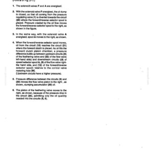 May include: A page from a manual with the title "LW90" and the section "1st speed forward." The text describes the function of solenoid valves, oil flow, and pressure differences within a mechanical system. The page is white with black text.