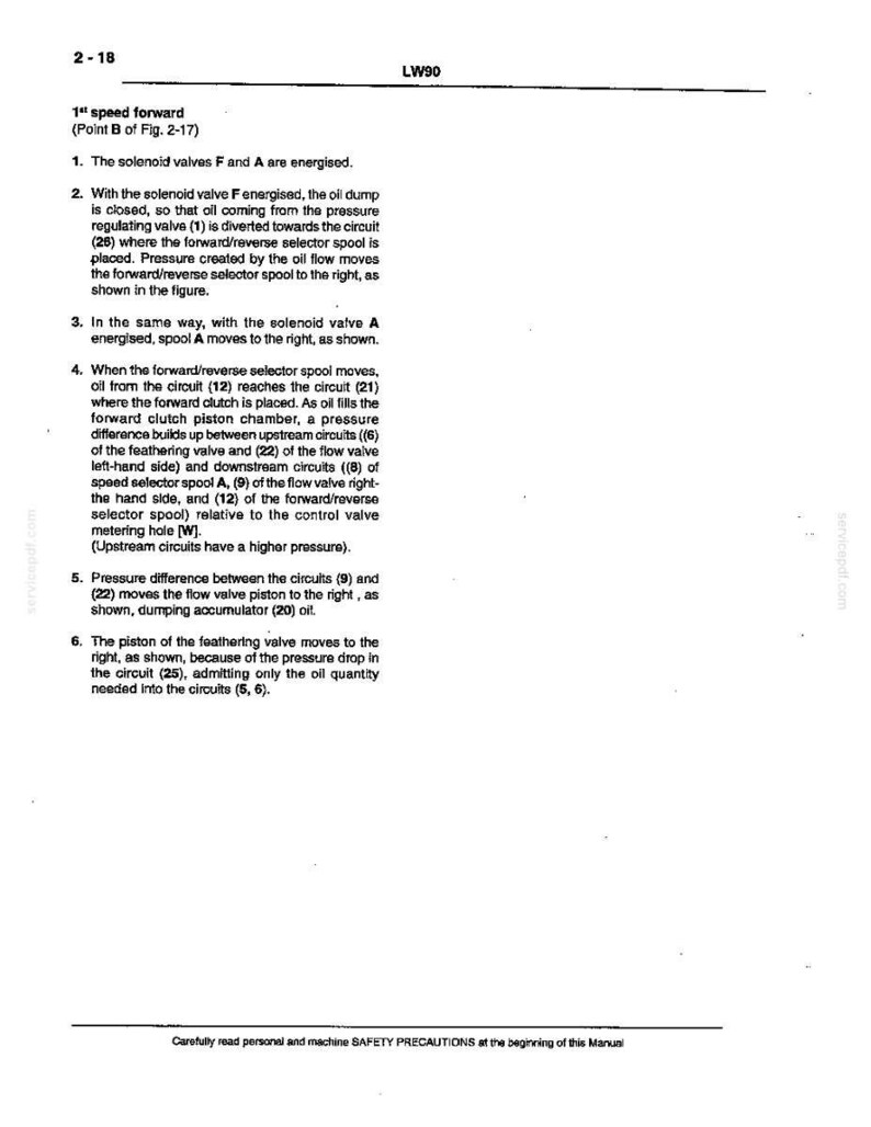 May include: A page from a manual with the title "LW90" and the section "1st speed forward." The text describes the function of solenoid valves, oil flow, and pressure differences within a mechanical system. The page is white with black text.