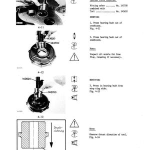 May include: Diagram showing the process of removing and refitting main bearing bushes. The image details the tools required, including fitting arbor and tool numbers 143620 and 143700. Text provides step-by-step instructions and diagrams.