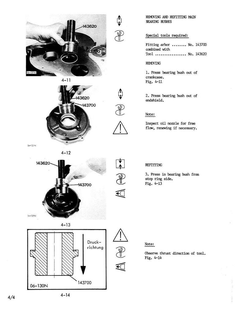 May include: Diagram showing the process of removing and refitting main bearing bushes. The image details the tools required, including fitting arbor and tool numbers 143620 and 143700. Text provides step-by-step instructions and diagrams.