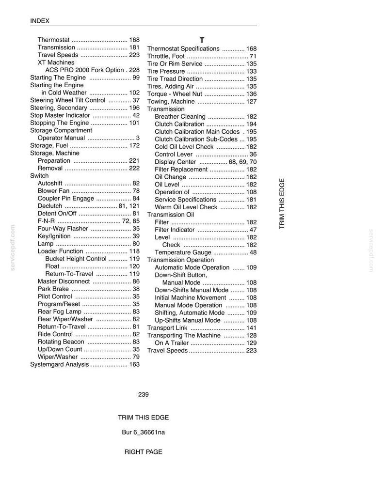 May include: A page from a manual with an index of terms and page numbers. The index includes terms like "Thermostat," "Transmission," and "Travel Speeds." The text is black on a white background.