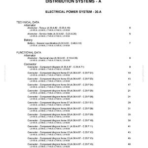 May include: A document page titled "Contents" with sections on distribution and electrical power systems. Includes technical data for alternators and batteries, and functional data for connectors, with page numbers.