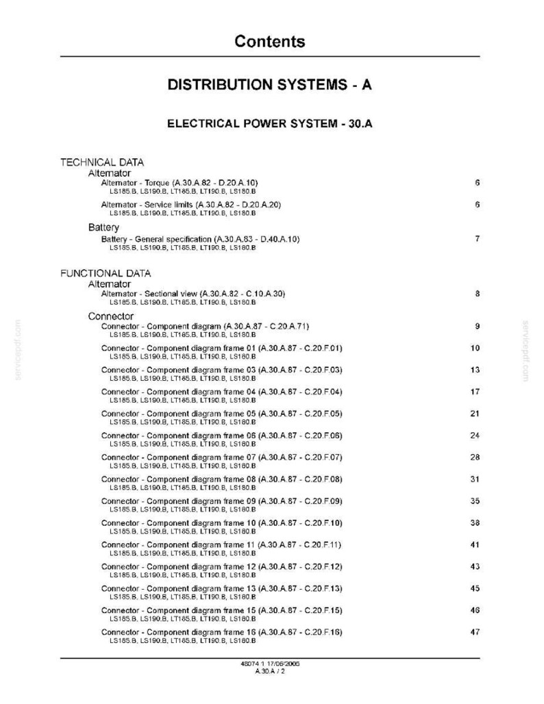 May include: A document page titled "Contents" with sections on distribution and electrical power systems. Includes technical data for alternators and batteries, and functional data for connectors, with page numbers.