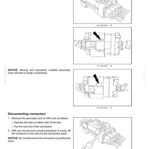 May include: Diagrams illustrating electrical system connectors and harnesses. The image shows detailed instructions for installing and disconnecting connectors, including the use of secondary locks. Text includes warnings about faulty connections and proper procedures.