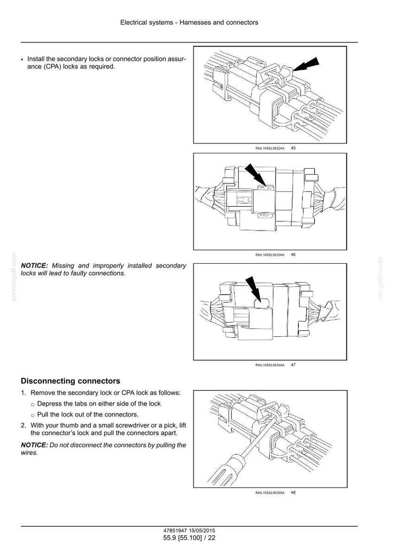 May include: Diagrams illustrating electrical system connectors and harnesses. The image shows detailed instructions for installing and disconnecting connectors, including the use of secondary locks. Text includes warnings about faulty connections and proper procedures.