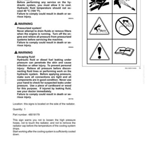 K&ouml;nnte beinhalten: Eine technische Sicherheitsinformationsseite mit der &Uuml;berschrift 2-SAFETY INFORMATION, die Warnungen vor Verbrennungsgefahren, unter Druck stehenden Systemen und austretender Hydraulikfl&uuml;ssigkeit sowie sechs schwarz-wei&szlig;e Sicherheitssymbole enth&auml;lt.