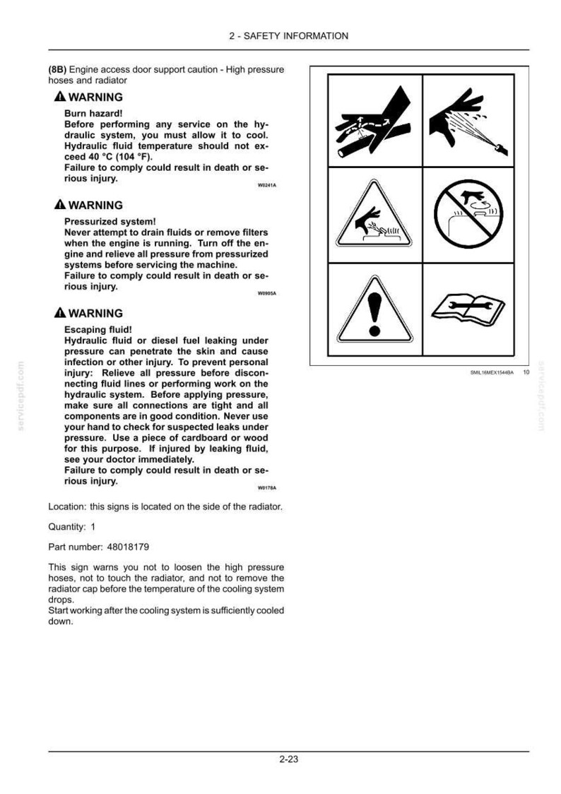 K&ouml;nnte beinhalten: Eine technische Sicherheitsinformationsseite mit der &Uuml;berschrift 2-SAFETY INFORMATION, die Warnungen vor Verbrennungsgefahren, unter Druck stehenden Systemen und austretender Hydraulikfl&uuml;ssigkeit sowie sechs schwarz-wei&szlig;e Sicherheitssymbole enth&auml;lt.