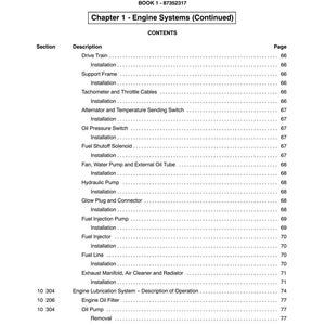 May include: A page from a manual titled "SECTION 10 - ENGINE SYSTEMS" with a table of contents. The table lists various engine components like "Drive Train," "Fuel Injector," and "Oil Pump," along with page numbers. The book's number is 87352317.