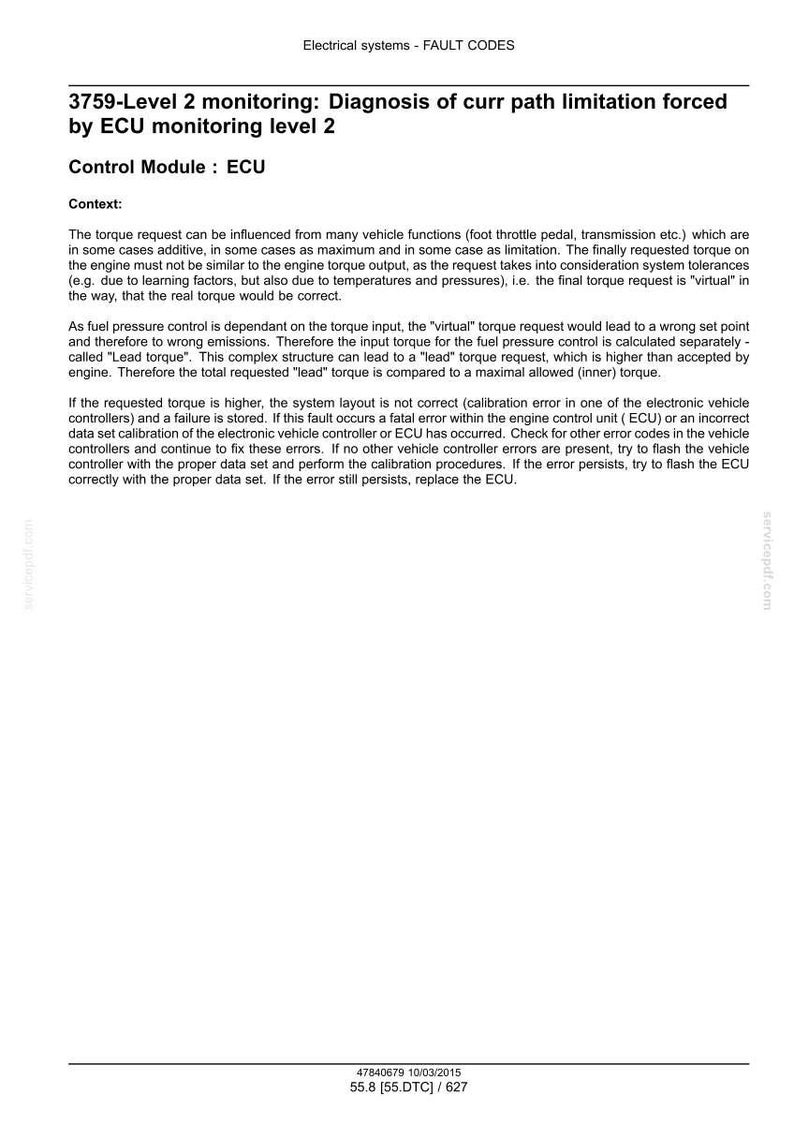 May include: Document detailing fault codes related to electrical systems in a vehicle. The text includes information on level 2 monitoring, diagnosis of current path limitation, and the ECU control module. The document also provides context and troubleshooting steps.