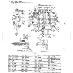 May include: A technical diagram of a control valve for arm, bucket, boom, and propel functions, labeled K909 L-40103-40360. The image includes detailed cross-sectional views, labeled sections E-E and F-F, and a comprehensive parts list table.