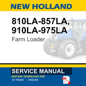 May include: A blue and white New Holland farm loader tractor is featured in this image. The text "NEW HOLLAND" is at the top, with model numbers and "Farm Loader" below. A service manual graphic is at the bottom.