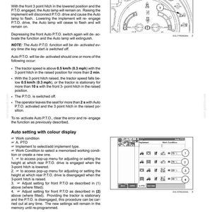May include: A technical manual page titled 6-WORKING OPERATIONS detailing Auto P.T.O. functions for a tractor. It includes text instructions, a diagram of an instrument panel with a numbered indicator, and a screen display showing work condition settings.