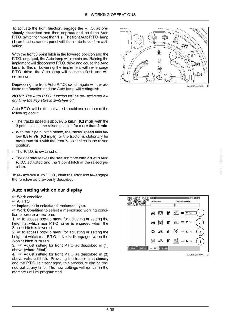 May include: A technical manual page titled 6-WORKING OPERATIONS detailing Auto P.T.O. functions for a tractor. It includes text instructions, a diagram of an instrument panel with a numbered indicator, and a screen display showing work condition settings.