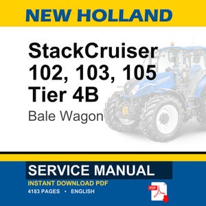 May include: A blue and white New Holland tractor with the text "StackCruiser 102, 103, 105 Tier 4B Bale Wagon." The image also includes a "Service Manual" graphic with PDF download information.