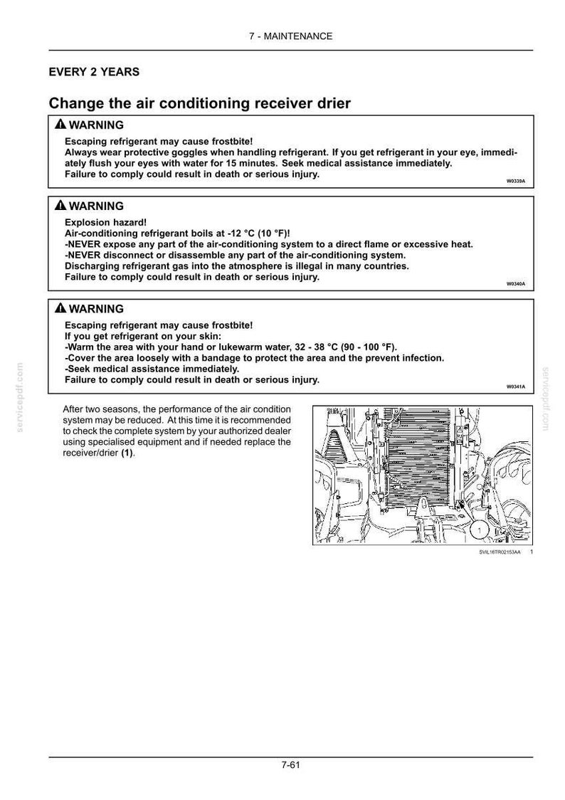 K&ouml;nnte beinhalten: Eine Seite aus einem technischen Handbuch mit der &Uuml;berschrift 7-MAINTENANCE, die Anweisungen zum Wechseln des Klimaanlagen-Trockners enth&auml;lt. Sie umfasst drei Warnhinweise zu K&auml;ltemittelgefahren sowie eine technische Strichzeichnung.