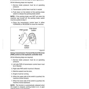 May include: A page from a manual detailing the Forward-Neutral-Reverse (FNR) control lever. The text explains the steps for using the FNR control, including the use of the FNR switch and kick-down button. The diagram illustrates the lever and button.