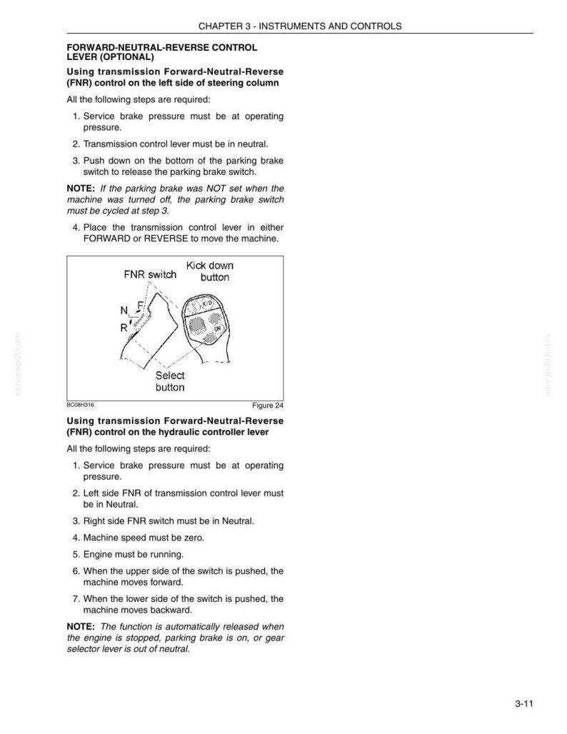 May include: A page from a manual detailing the Forward-Neutral-Reverse (FNR) control lever. The text explains the steps for using the FNR control, including the use of the FNR switch and kick-down button. The diagram illustrates the lever and button.