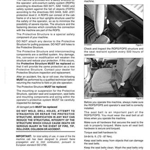 Op de afbeelding: Een pagina uit een handleiding met details over het Cabinebeschermingssysteem (ROPS/FOPS). Bevat veiligheidswaarschuwingen, inspectie-instructies en koppel specificaties voor de veiligheidsgordel.