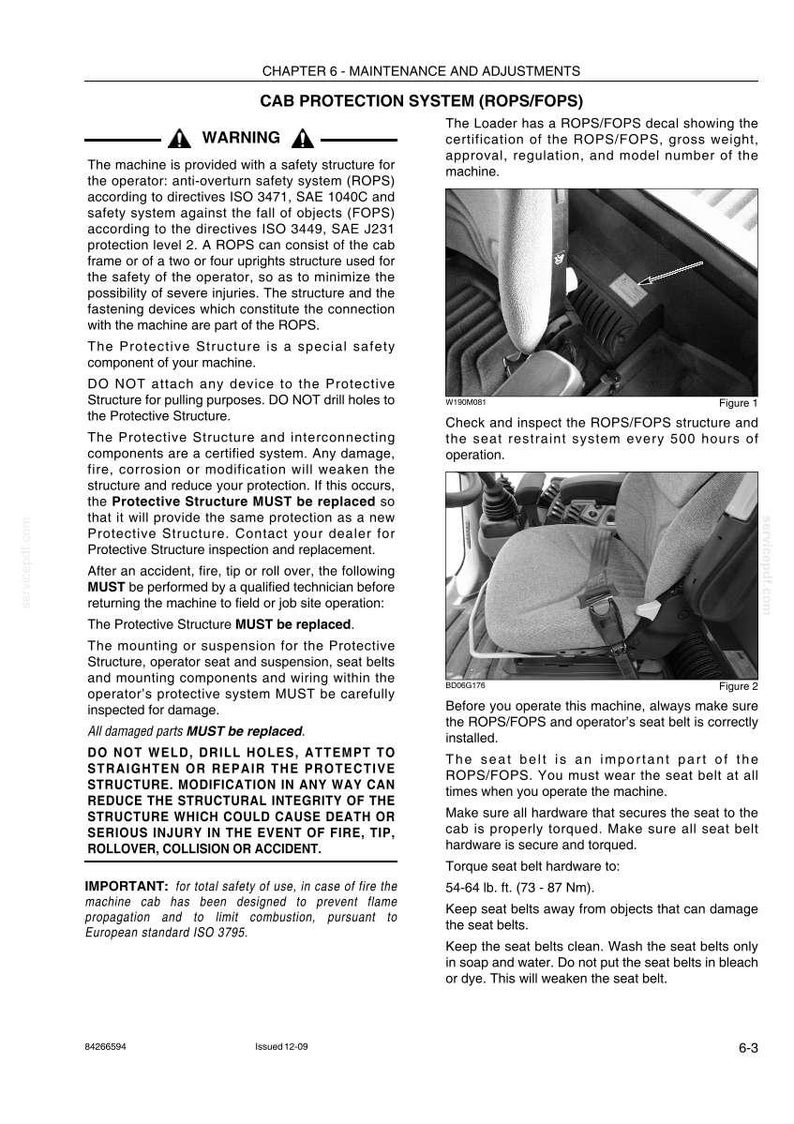 Op de afbeelding: Een pagina uit een handleiding met details over het Cabinebeschermingssysteem (ROPS/FOPS). Bevat veiligheidswaarschuwingen, inspectie-instructies en koppel specificaties voor de veiligheidsgordel.