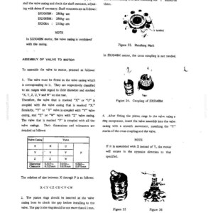 May include: A technical manual page containing assembly instructions for a valve to motor, including text, a table of valve casing and valve classifications, and figures labeled 33, 24, 35, and 36 showing mechanical components and matching marks.
