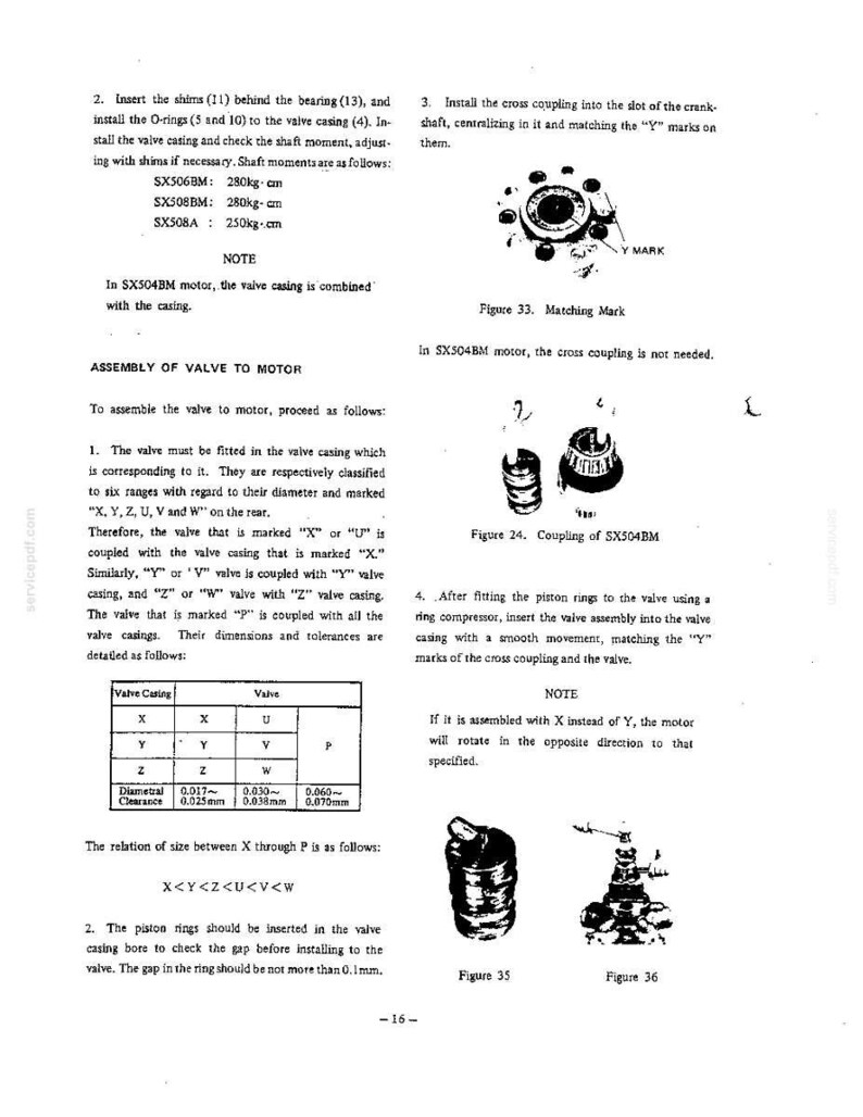 May include: A technical manual page containing assembly instructions for a valve to motor, including text, a table of valve casing and valve classifications, and figures labeled 33, 24, 35, and 36 showing mechanical components and matching marks.