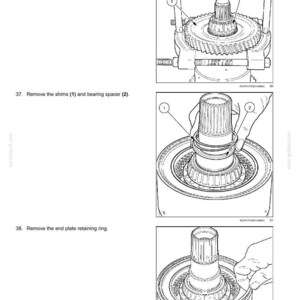 Op de afbeelding: Diagrammen die de demontage van interne componenten van een Powershift-transmissie illustreren. De afbeeldingen tonen het gebruik van gereedschap om tandwielen, vulringen en borgringen te verwijderen. Tekst bevat instructies en onderdeelnummers.