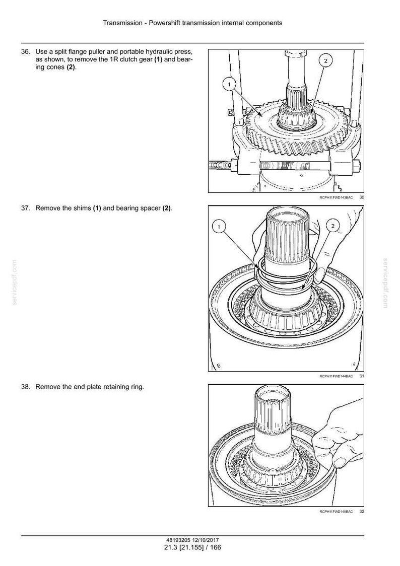 Op de afbeelding: Diagrammen die de demontage van interne componenten van een Powershift-transmissie illustreren. De afbeeldingen tonen het gebruik van gereedschap om tandwielen, vulringen en borgringen te verwijderen. Tekst bevat instructies en onderdeelnummers.