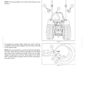 May include: A technical manual page titled 5 - TRANSPORT OPERATIONS detailing hazard warning light operation. It features a line drawing of a tractor rear view with numbered components and a circular switch diagram with symbols for OFF, HAZARD, and road lights.