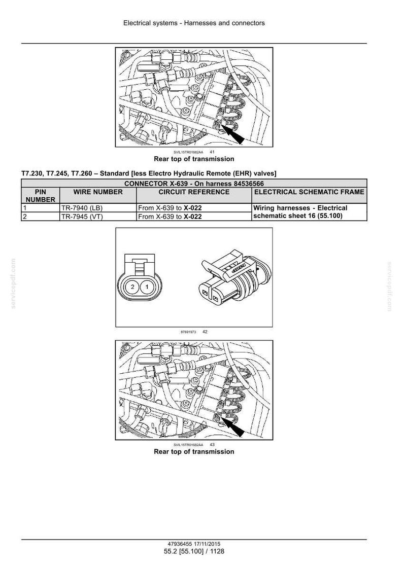 May include: Diagram of electrical systems, harnesses, and connectors. Includes a table with pin numbers, wire numbers, circuit references, and electrical schematic frame information. Also shows connector X-639 and wiring diagrams.
