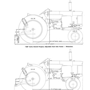 Pode incluir: Diagrama de dois tratores com dimens&otilde;es em polegadas. O trator superior &eacute; rotulado como "630 Series General Purpose, Adjustable Front Axle Tractor". O trator inferior &eacute; rotulado como "630 Series 4 Wheel, Utility Tractor". O diagrama inclui medidas de dist&acirc;ncia entre eixos e comprimento total.