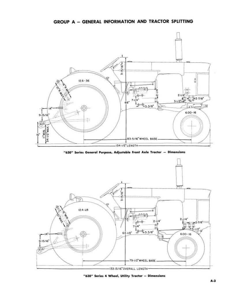 Pode incluir: Diagrama de dois tratores com dimens&otilde;es em polegadas. O trator superior &eacute; rotulado como "630 Series General Purpose, Adjustable Front Axle Tractor". O trator inferior &eacute; rotulado como "630 Series 4 Wheel, Utility Tractor". O diagrama inclui medidas de dist&acirc;ncia entre eixos e comprimento total.