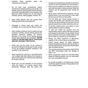 May include: A page from a manual titled "SAFETY RULES" with text in black font. The text includes safety guidelines for machinery operation, covering topics like clothing, eye protection, and maintenance procedures. The page is white.