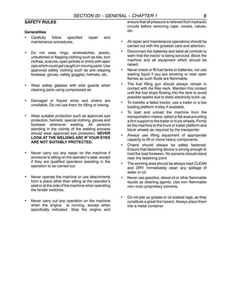 May include: A page from a manual titled "SAFETY RULES" with text in black font. The text includes safety guidelines for machinery operation, covering topics like clothing, eye protection, and maintenance procedures. The page is white.