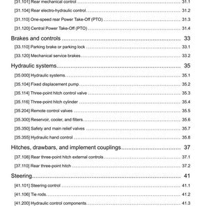 May include: A detailed page from a manual, featuring a table of contents with various mechanical and hydraulic system components. Sections include Power Take-Off (PTO), Brakes, Hydraulic Systems, and Steering. The page is white with black text.