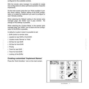 May include: A technical manual page titled 6-WORKING OPERATIONS, detailing EHR implement control settings. It includes text instructions for configuring remote valves and a black-and-white diagram showing a screen interface with a Work Condition icon.