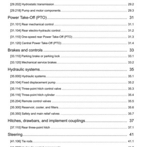 May include: A detailed table of contents from a technical manual, featuring sections on hydrostatic drive, power take-off, brakes, hydraulic systems, hitches, steering, and electrical systems. The document includes page numbers and sub-sections.