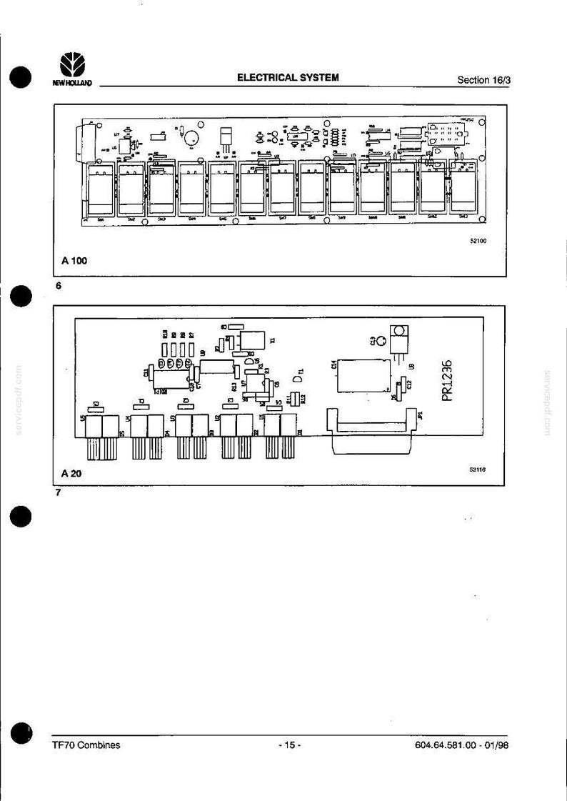 May include: Diagram of an electrical system, labeled "ELECTRICAL SYSTEM" and "Section 16/3". The diagram includes two detailed schematics of circuit boards, with various components and labels. The New Holland logo is visible.