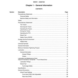 Pode incluir: Um documento impresso com o t&iacute;tulo "SE&Ccedil;&Atilde;O 00 - INFORMA&Ccedil;&Otilde;ES GERAIS" e um sum&aacute;rio. As se&ccedil;&otilde;es incluem "Seguran&ccedil;a Pessoal", "Combust&iacute;vel Diesel" e "Configura&ccedil;&otilde;es da Banda de Rodagem da Roda". O documento &eacute; em preto e branco.