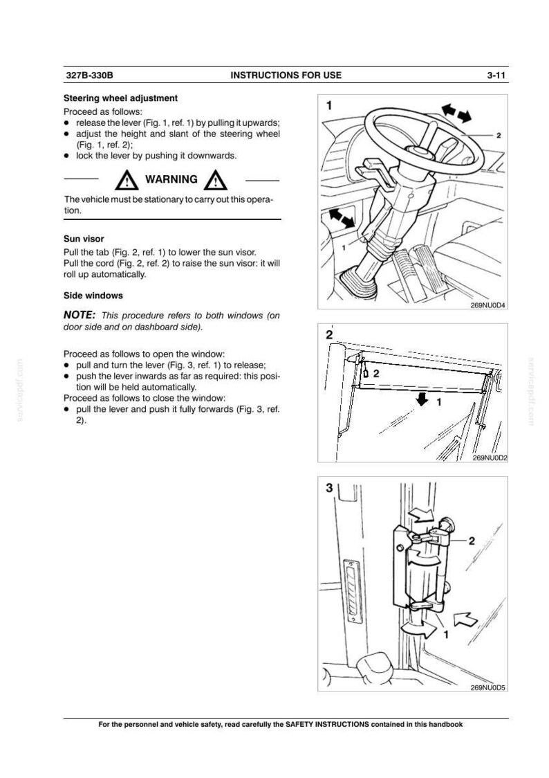 Pu&ograve; includere: Diagrammi che illustrano i componenti interni del veicolo, tra cui un volante, una visiera parasole e meccanismi dei finestrini. Le istruzioni descrivono la regolazione del volante, il funzionamento della visiera parasole e l'apertura/chiusura dei finestrini laterali. Testo con avvertenze di sicurezza.