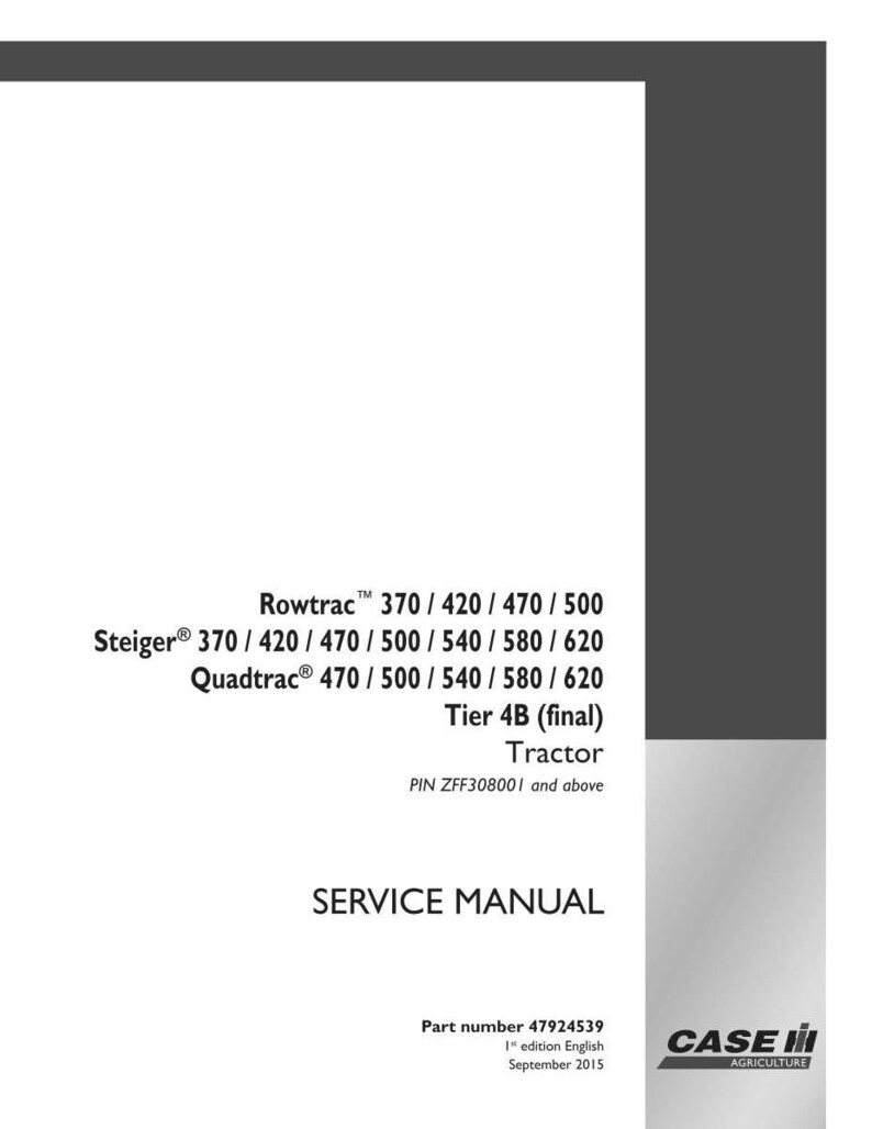 May include: A white service manual with black text. The manual lists tractor models: Rowtrac, Steiger, and Quadtrac. The text includes "Tier 4B (final) Tractor" and "SERVICE MANUAL". The Case IH Agriculture logo is in the bottom right.