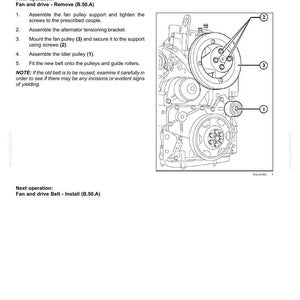 May include: Diagram of an engine coolant system, showing fan and drive installation steps. Includes labeled components like the fan pulley, idler pulley, and alternator tensioning bracket. Text instructions are provided for assembly and belt fitting.