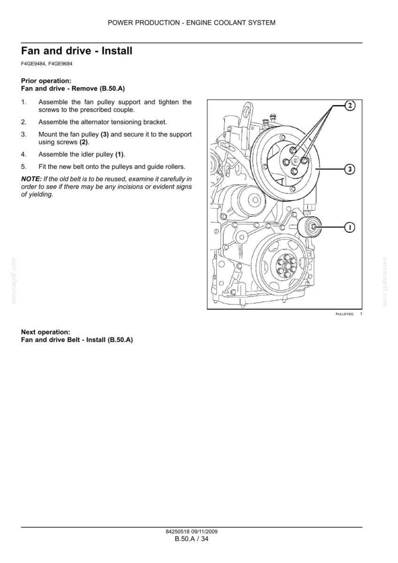 May include: Diagram of an engine coolant system, showing fan and drive installation steps. Includes labeled components like the fan pulley, idler pulley, and alternator tensioning bracket. Text instructions are provided for assembly and belt fitting.