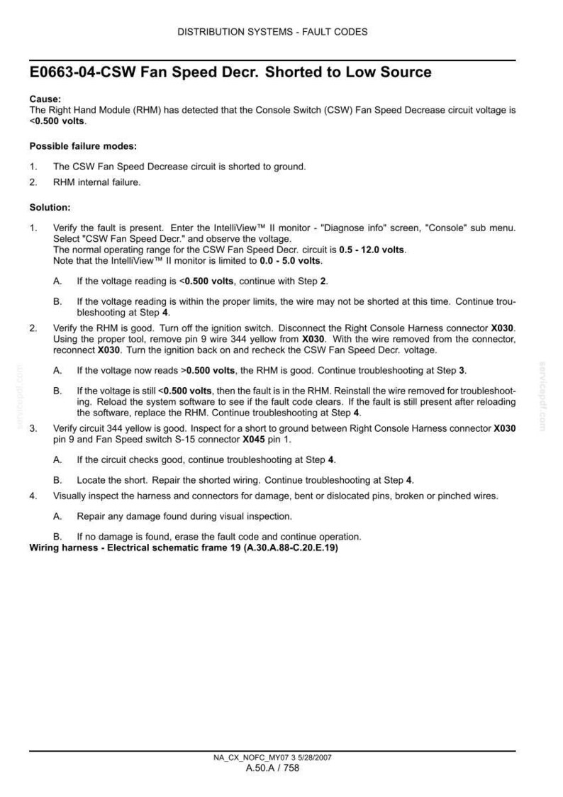 Puede incluir: Un documento t&eacute;cnico titulado Distribution Systems - Fault Codes E0663-04-CSW Fan Speed Decr. Shorted to Low Source. Describe las causas, los modos de fallo y los pasos de resoluci&oacute;n de problemas para un m&oacute;dulo derecho y un circuito.