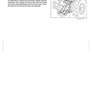 May include: A technical manual page titled 6 - WORKING OPERATIONS, featuring a black and white line drawing of a tractor rear hitch mechanism with numbered labels 1, 2, and 3, accompanied by instructional text for detaching an implement.