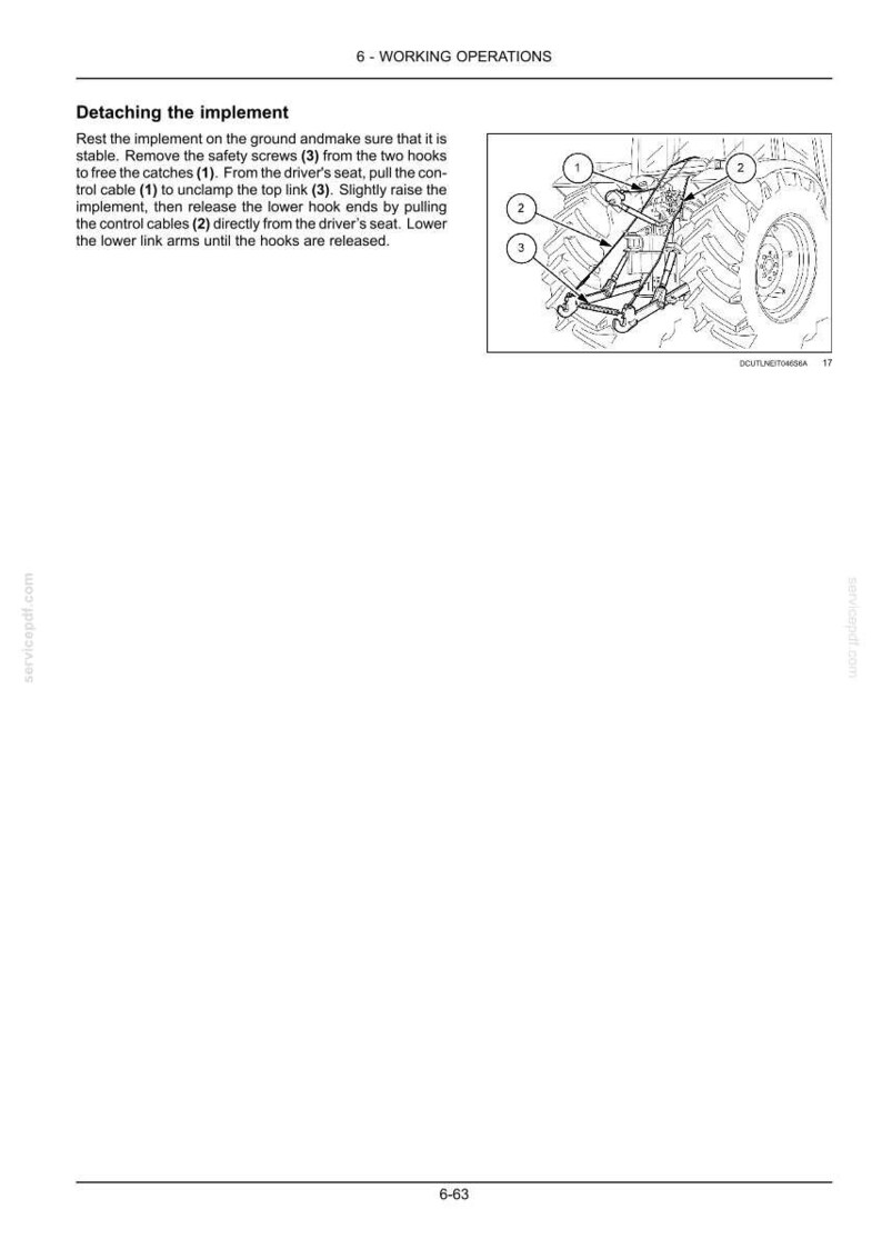 May include: A technical manual page titled 6 - WORKING OPERATIONS, featuring a black and white line drawing of a tractor rear hitch mechanism with numbered labels 1, 2, and 3, accompanied by instructional text for detaching an implement.