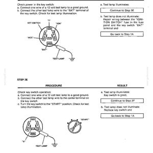 May include: Diagram of a key switch with a test lamp, illustrating electrical testing procedures. Includes labels for key switch terminals and instructions for checking power and operation. Text includes "PROCEDURE" and "RESULT".
