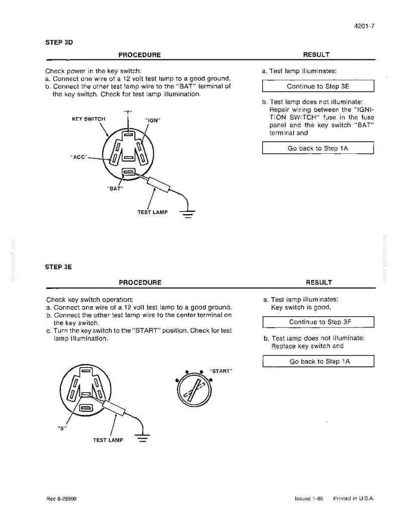 May include: Diagram of a key switch with a test lamp, illustrating electrical testing procedures. Includes labels for key switch terminals and instructions for checking power and operation. Text includes "PROCEDURE" and "RESULT".