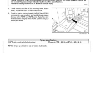Peut inclure: Page d'un manuel de maintenance avec les sp&eacute;cifications de couple du ROPS. Comprend un avertissement concernant les risques de basculement et des instructions pour v&eacute;rifier et serrer les boulons. Couple de serrage : 773-854 N&middot;m (78,8-87,1 kgf&middot;m).