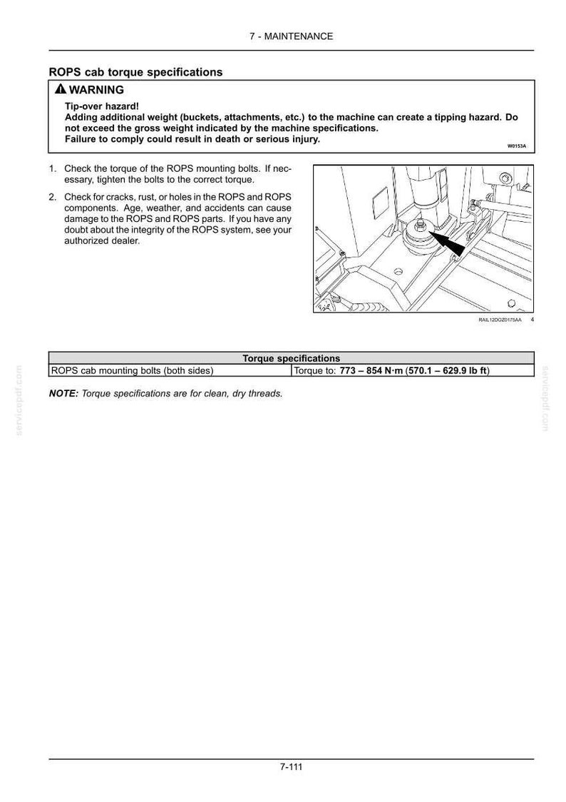 Peut inclure: Page d'un manuel de maintenance avec les sp&eacute;cifications de couple du ROPS. Comprend un avertissement concernant les risques de basculement et des instructions pour v&eacute;rifier et serrer les boulons. Couple de serrage : 773-854 N&middot;m (78,8-87,1 kgf&middot;m).